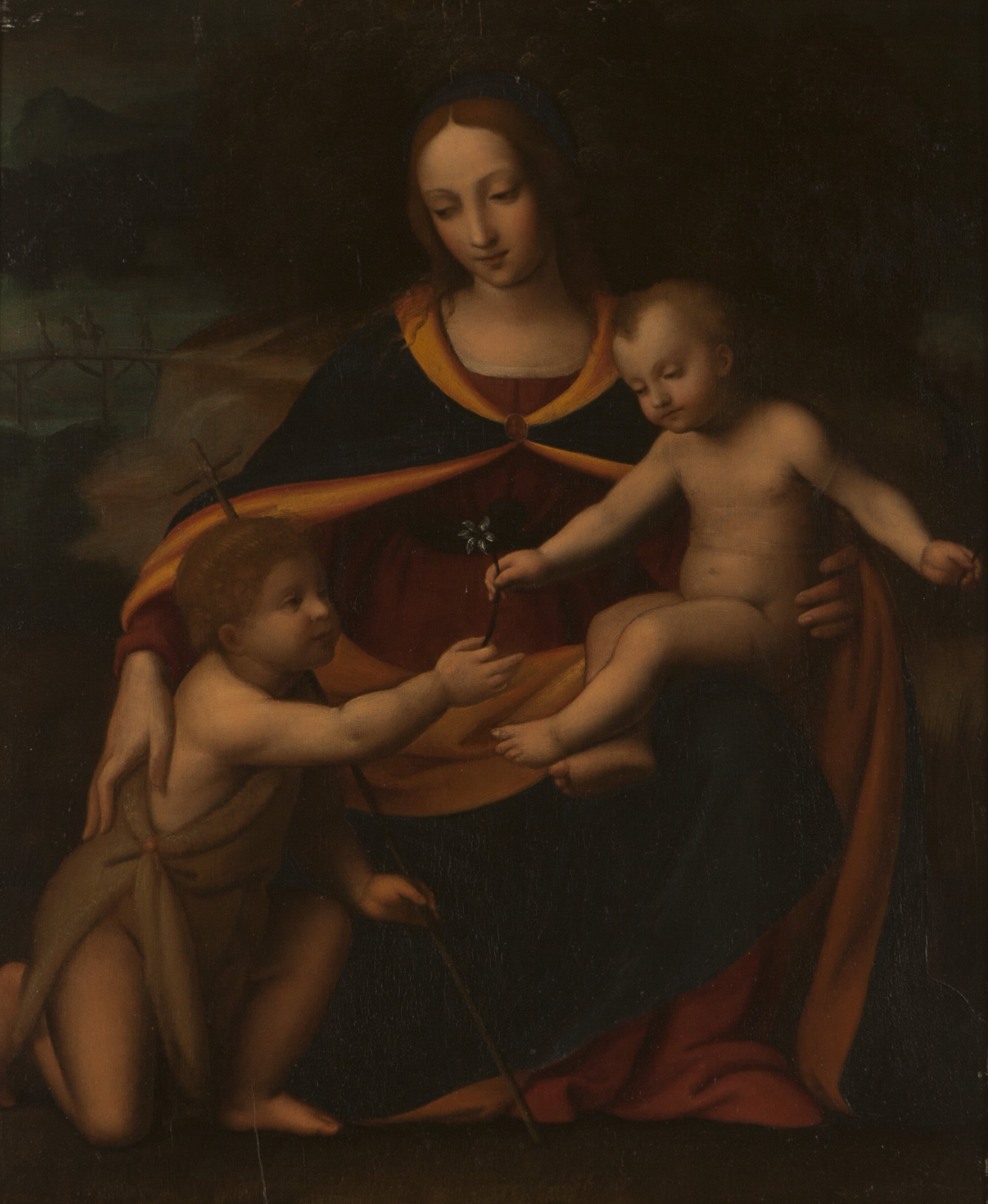 Oil Painting Madonna and Child with St. John the Baptist.
