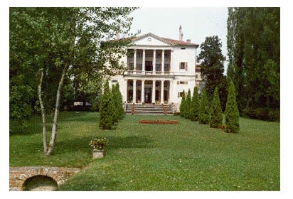 Fully restored Villa Cornaro outside the front with landscaping. 