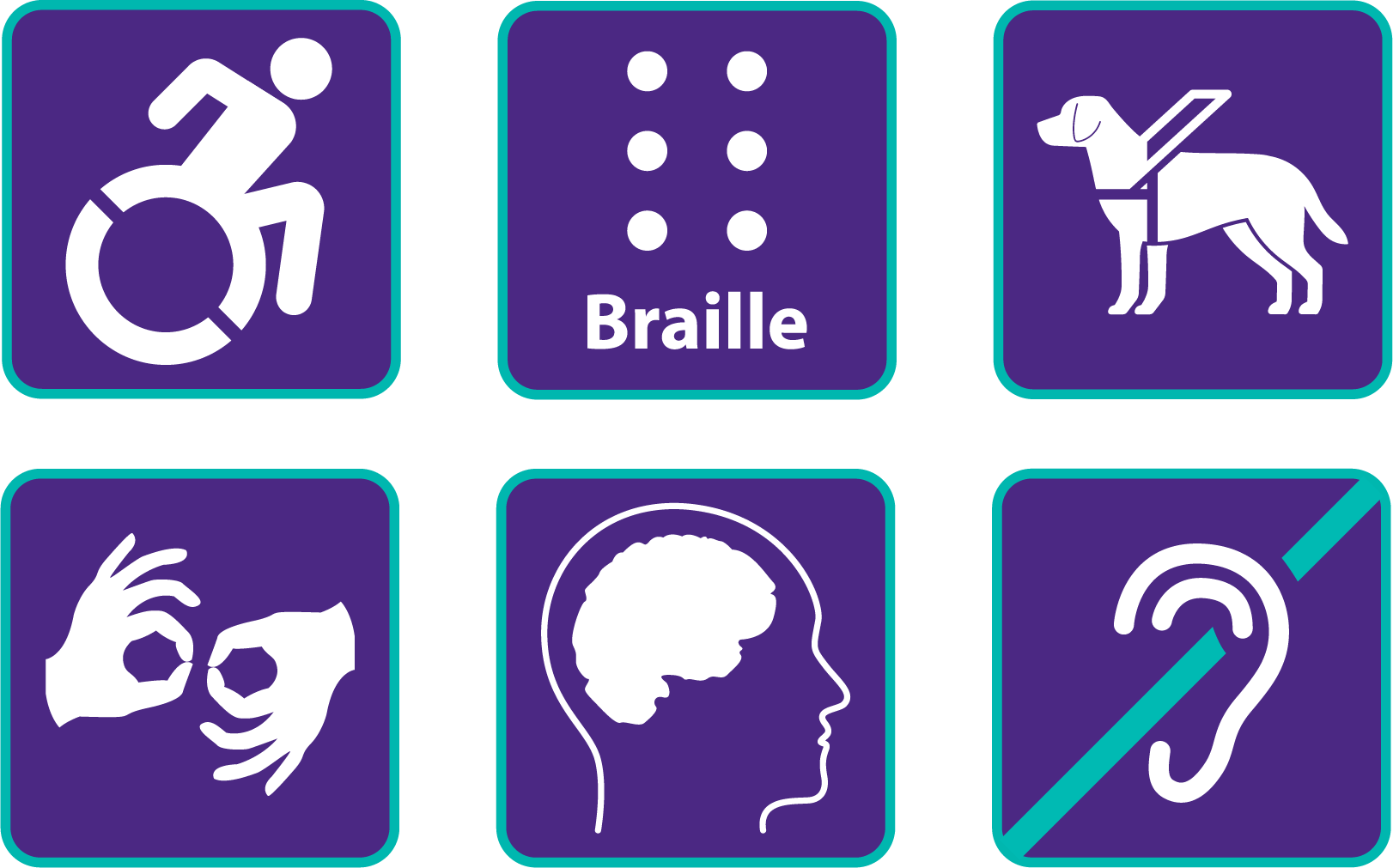 Purple and teal icons for wheelchair, braille, guide dog, sign language, mental impairment, and hearing impaired. 