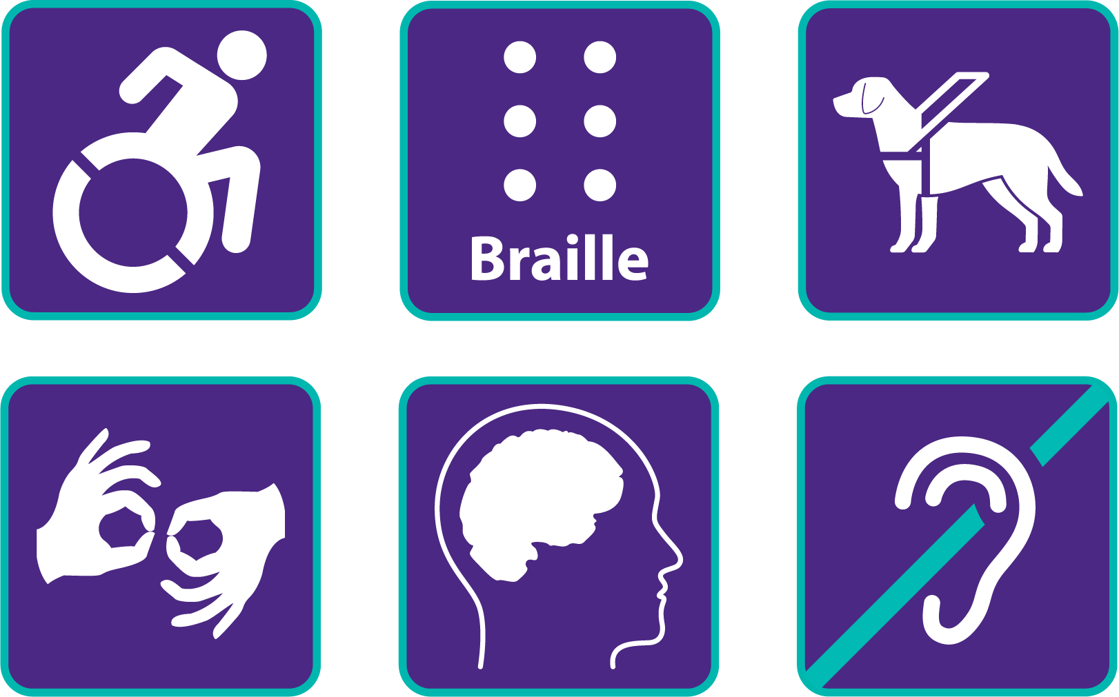 Purple and teal icons for wheelchair, braille, guide dog, sign language, mental impairment, and hearing impaired.