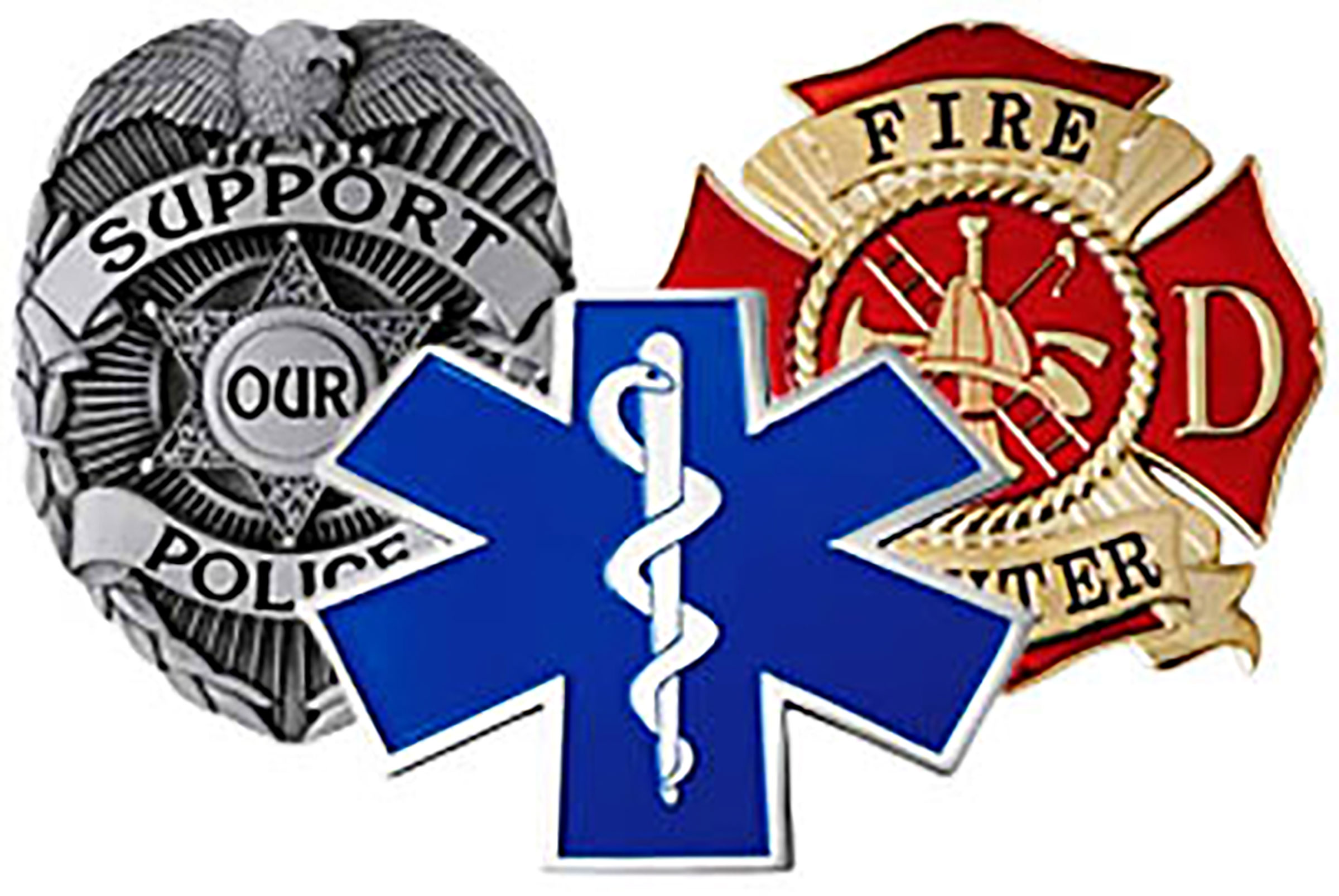 Police Badge with writing support our police, a blue paramedic pin, and a fire fighter badge.