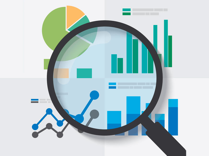 Magnifying glass over 4 distinct animated graphs.