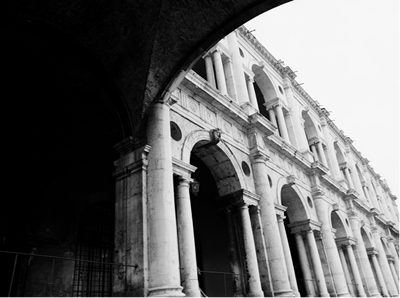 Villa Cornaro looking up from archway to columns. 