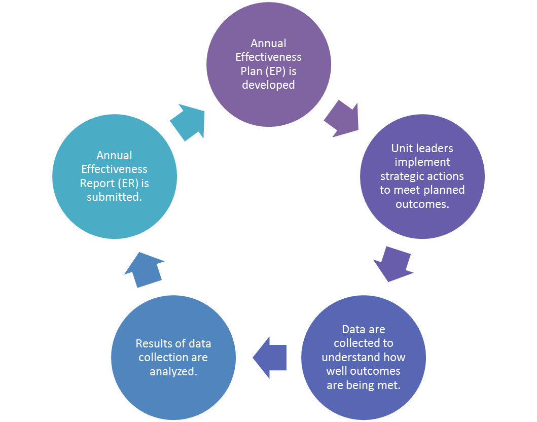 Image of five circles and five arrows shown in a clockwise circular alternating order. The top high noon circle reads: Annual Effectiveness Plan (EP) is developed. The second circle at two o'clock reads: Unit leaders implement strategic actions to meet planned outcomes. The third circle at five o'clock reads: Data are collected to understand how well outcomes are being met. The fourth circle at seven o'clock reads: Results of data collection are analyzed. And the last circle at ten o'clock reads: Annual Effectiveness Report (ER) is submitted.