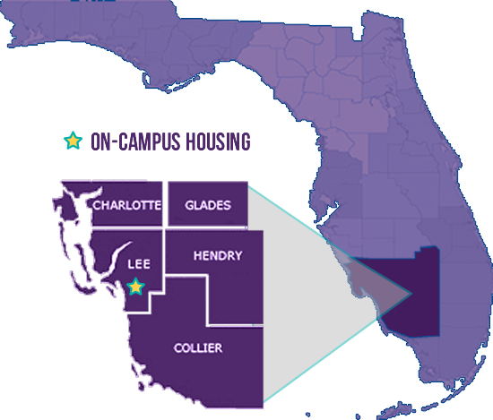 FSW Florida Location Map showing Lee county as having on-campus living. Collier, Charlotte, Hendry, and Glades counties also have a FSW location.