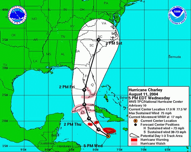 National Hurricane Center moving timelapse image of Hurricane Charley cone projections from August 11, 2004 5:00PM through August 13, 2004 2:00PM.